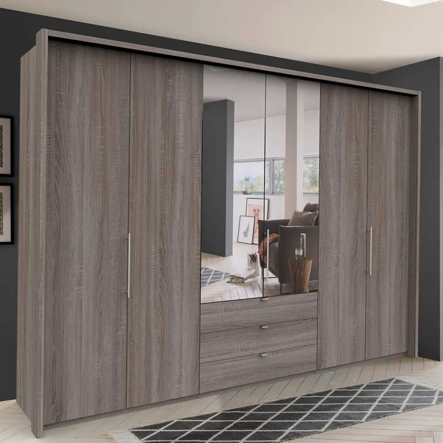 Discount Wohnen 300 cm breiter Falttürenschrank in Holzoptik dunkel - Riding