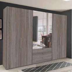 Discount Wohnen 300 cm breiter Falttürenschrank in Holzoptik dunkel - Riding