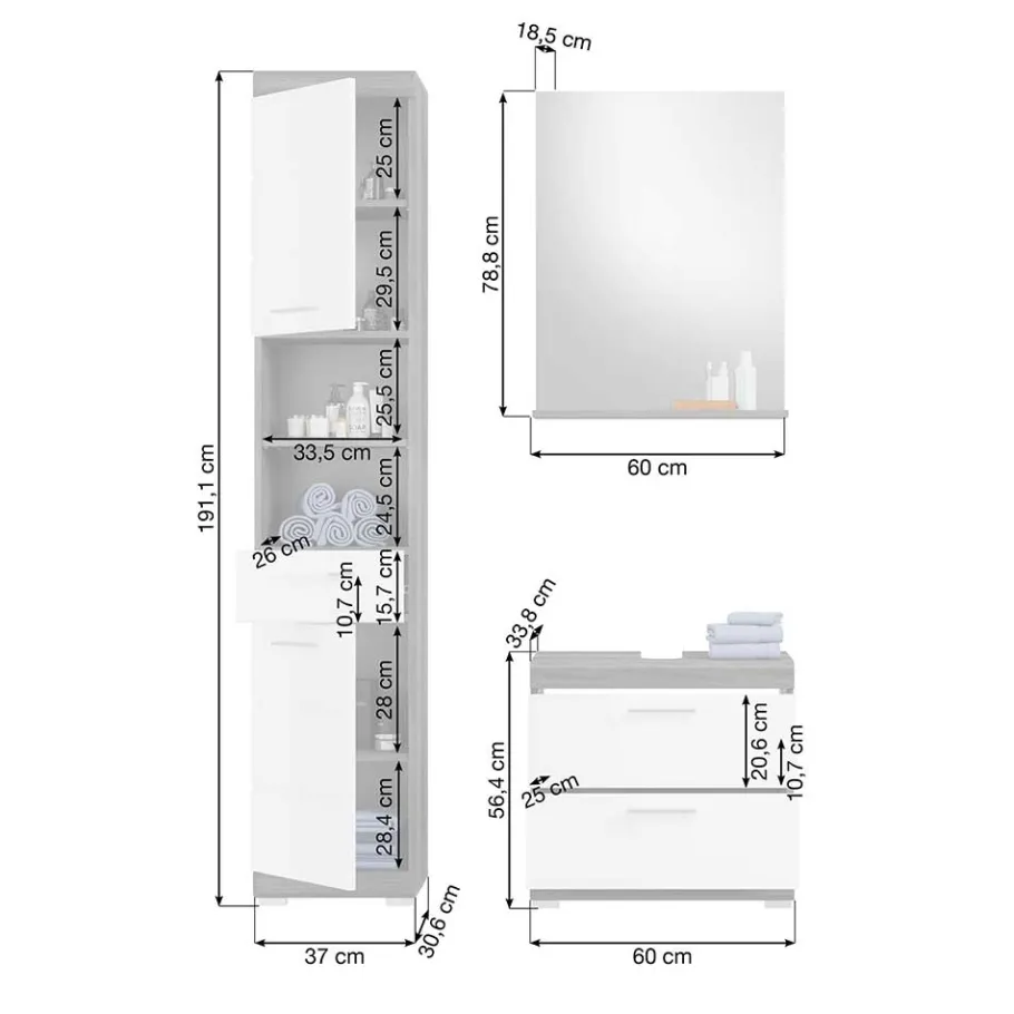 Discount Wohnen Badmöbel Hochschrank & Beckenschrank & Spiegel - Nancys (dreiteilig)