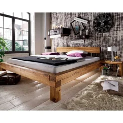 Hot Wohnen Balken-Doppelbett mit Nachttischen im Set Housten aus Wildeiche massiv (dreiteilig)