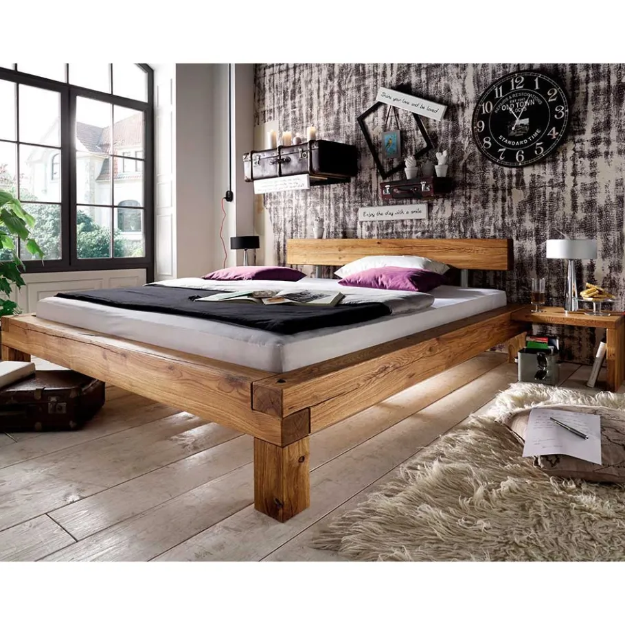 Hot Wohnen Balken-Doppelbett mit Nachttischen im Set Housten aus Wildeiche massiv (dreiteilig)