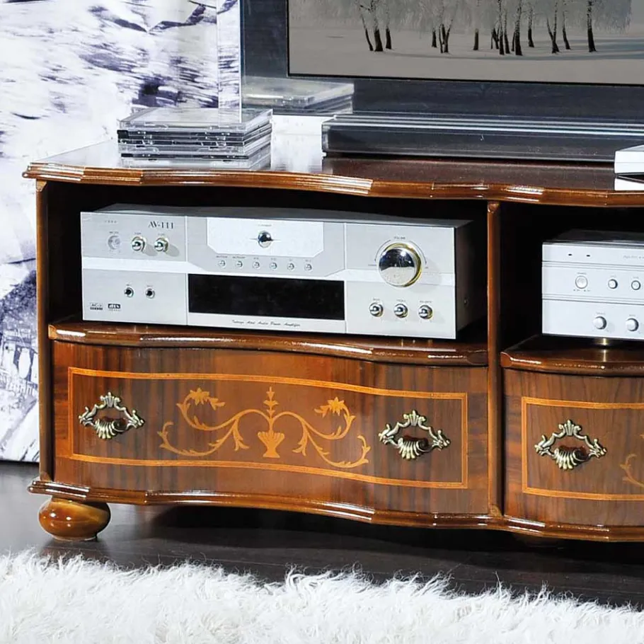 Outlet Wohnen Barock TV Board in Nussbaum Agosto mit 2 Schubladen