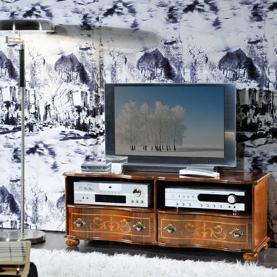 Outlet Wohnen Barock TV Board in Nussbaum Agosto mit 2 Schubladen