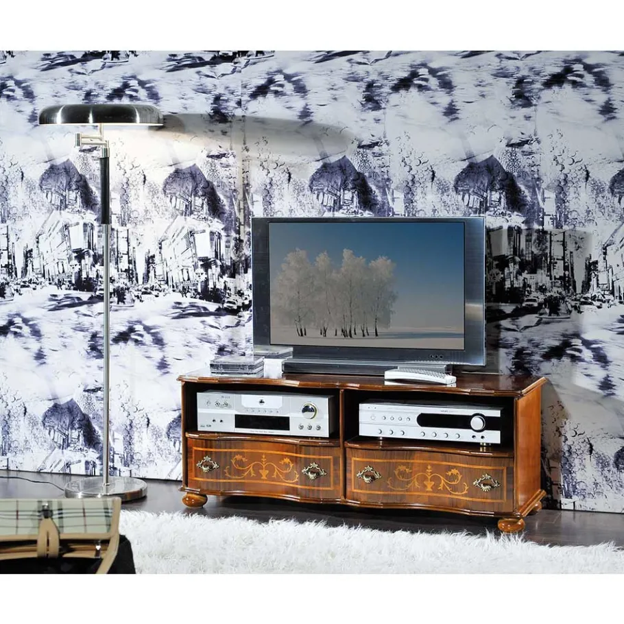 Outlet Wohnen Barock TV Board in Nussbaum Agosto mit 2 Schubladen