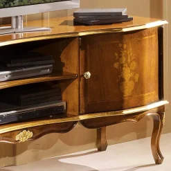 Discount Wohnen Barock TV Lowboard mit Blattgold Venerdina in Nussbaumfarben