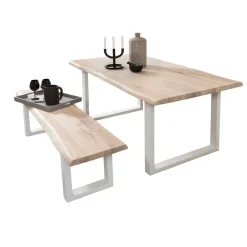 Outlet Wohnen Baumkante Esstisch & Bank in White Wash - Tilveta (zweiteilig)