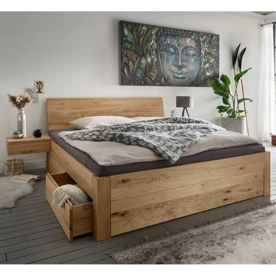 Discount Wohnen Bett mit vier Schubladen aus Wildeiche - Zennian (dreiteilig)