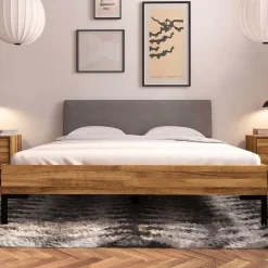 Wohnen Bett mit Wildeiche Rahmen & Polsterkopfteil in Grau - Kerfa