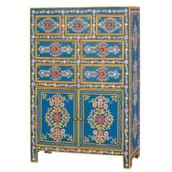 Outlet Wohnen Blaues Highboard mit farbenfrohen floralen Mustern - Vonika