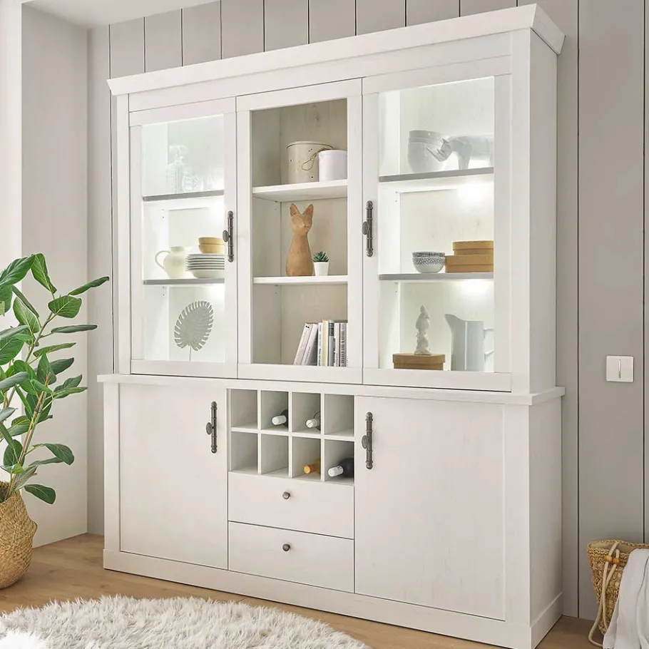 Outlet Wohnen Buffetschrank Vitrine in weißer Holzoptik Pinie - Liancos