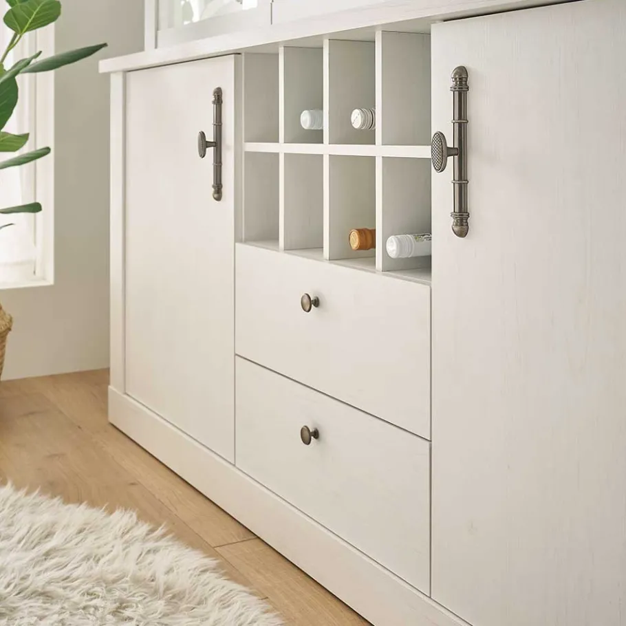 Outlet Wohnen Buffetschrank Vitrine in weißer Holzoptik Pinie - Liancos