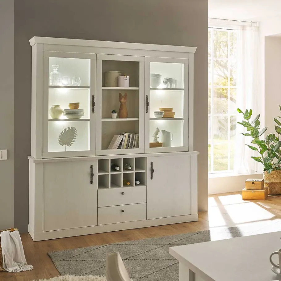Outlet Wohnen Buffetschrank Vitrine in weißer Holzoptik Pinie - Liancos