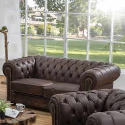 Outlet Wohnen Chesterfield Couch aus Echtleder - Pluna