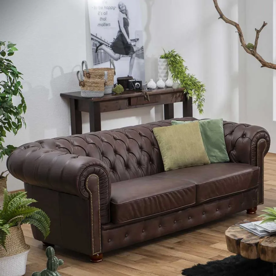 Online Wohnen Chesterfield Leder-Dreisitzer in Braun - Pluna