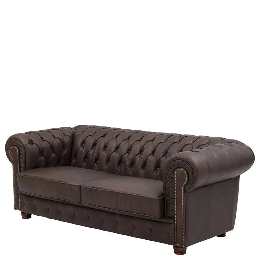 Online Wohnen Chesterfield Leder-Dreisitzer in Braun - Pluna