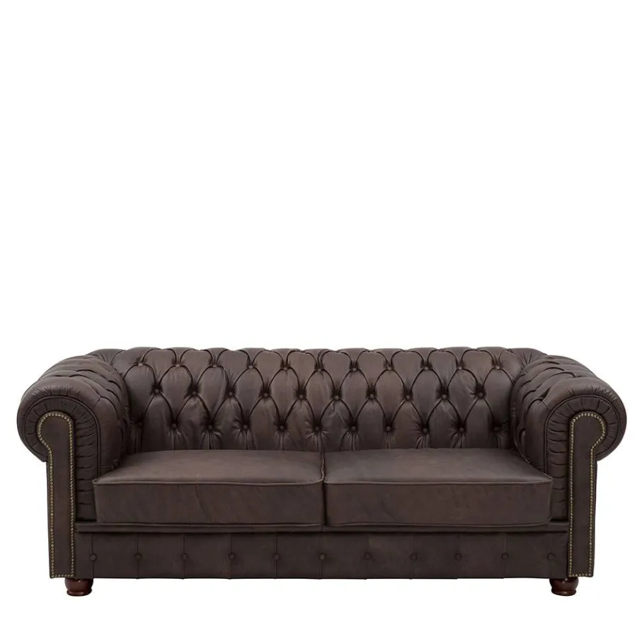 Online Wohnen Chesterfield Leder-Dreisitzer in Braun - Pluna