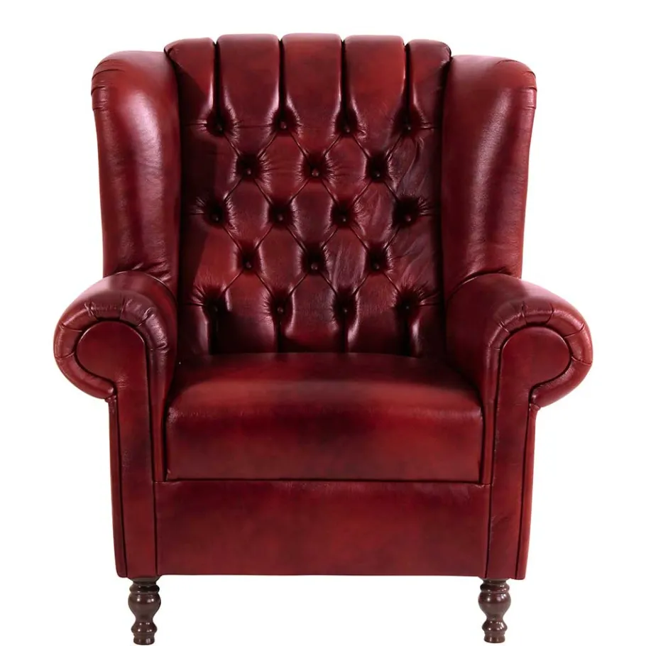 Outlet Wohnen Chesterfield Ohrensessel in Dunkelrot Leder - Guantama