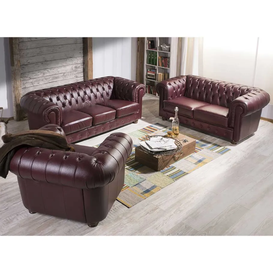 Discount Wohnen Chesterfield Polstergarnitur aus Leder - Geoloro (dreiteilig)