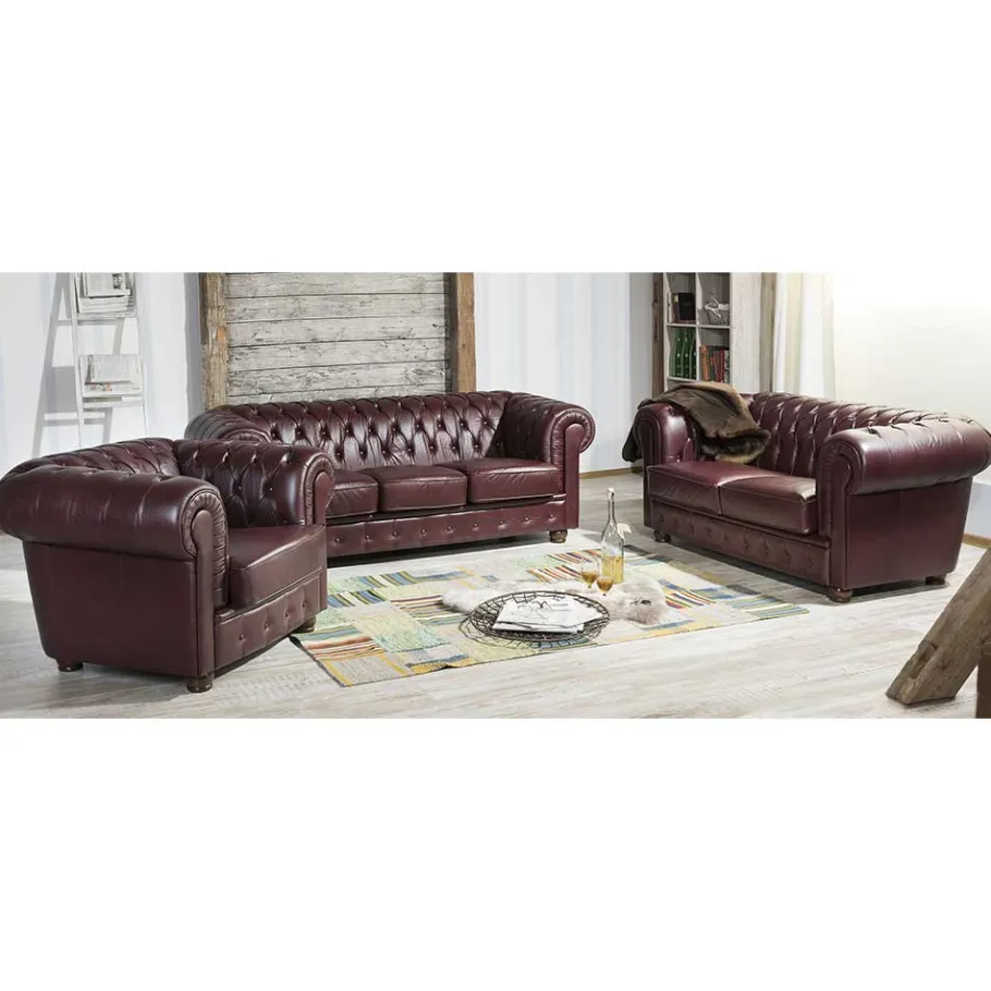 Discount Wohnen Chesterfield Polstergarnitur aus Leder - Geoloro (dreiteilig)