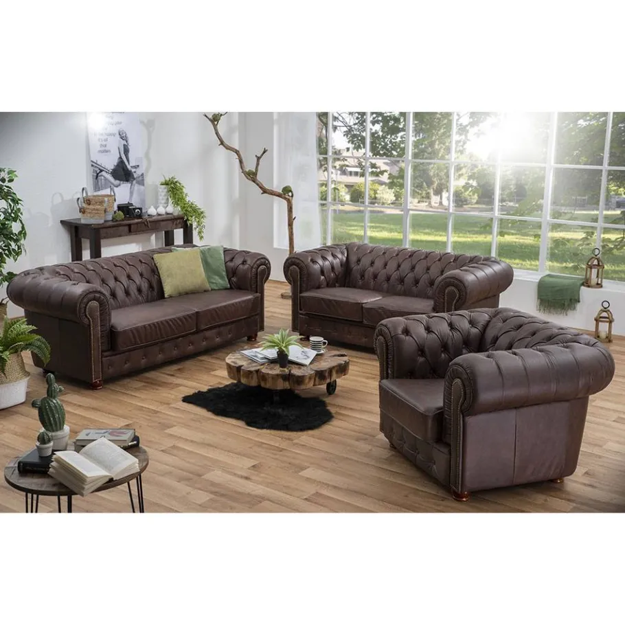 Wohnen Chesterfield Polstergruppe aus Leder - Pluna (dreiteilig)