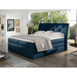 Online Wohnen Chesterfield Samt-Boxspringbett in Dunkelblau - Cleveland