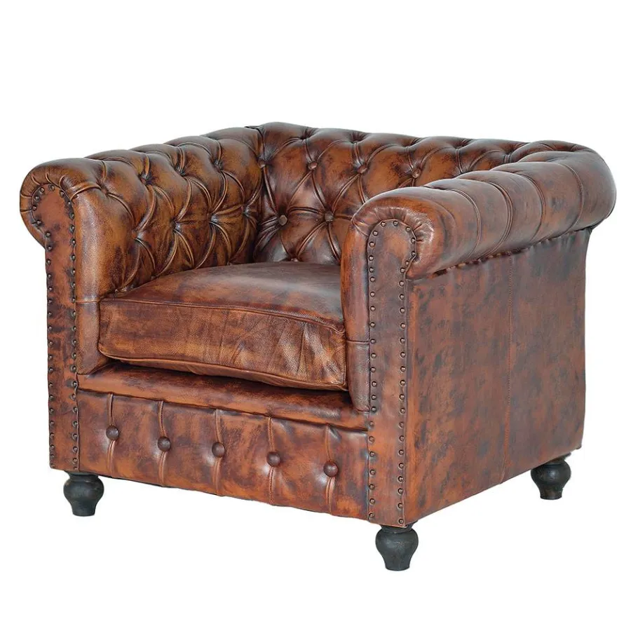 Online Wohnen Chesterfield Sessel in Braun Lederbezug - Pavias