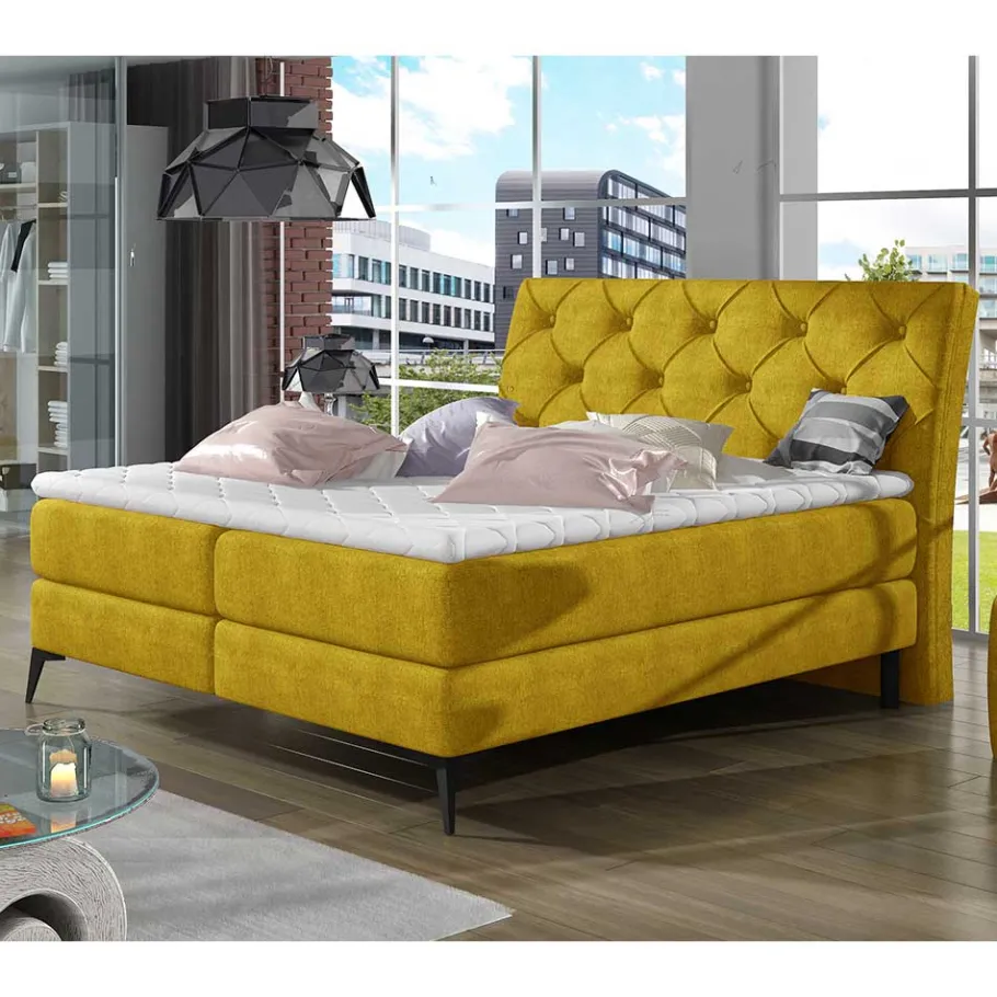 Outlet Wohnen Chesterfieldbett in Currygelb Stoff - Friscura