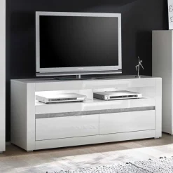 Wohnen 150cm breites TV Board in Hochglanz Weiß Mextra mit Beton Dekor