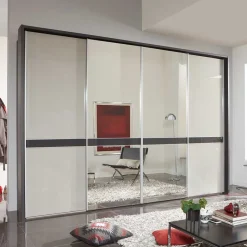 New Wohnen Design Schrank mit Spiegel & Glas Front Hellgrau - Capolyna
