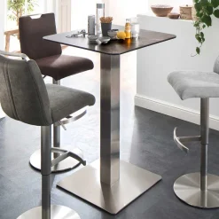 Discount Wohnen Design Stehtisch mit Glas Keramik in Braun Langton & Edelstahl Säulengestell