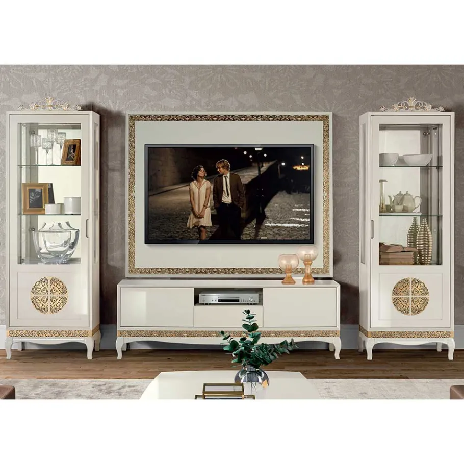 Discount Wohnen Design TV Wand in Weiß & Gold - Valganios (vierteilig)