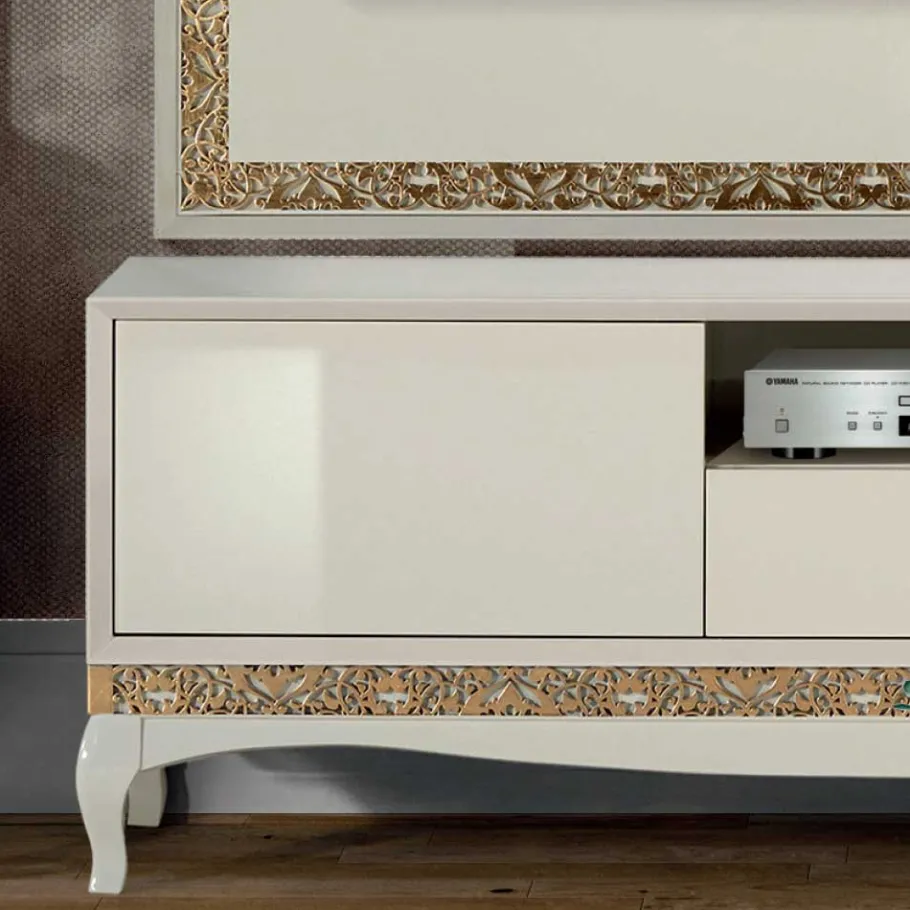 Discount Wohnen Design TV Wand in Weiß & Gold - Valganios (vierteilig)