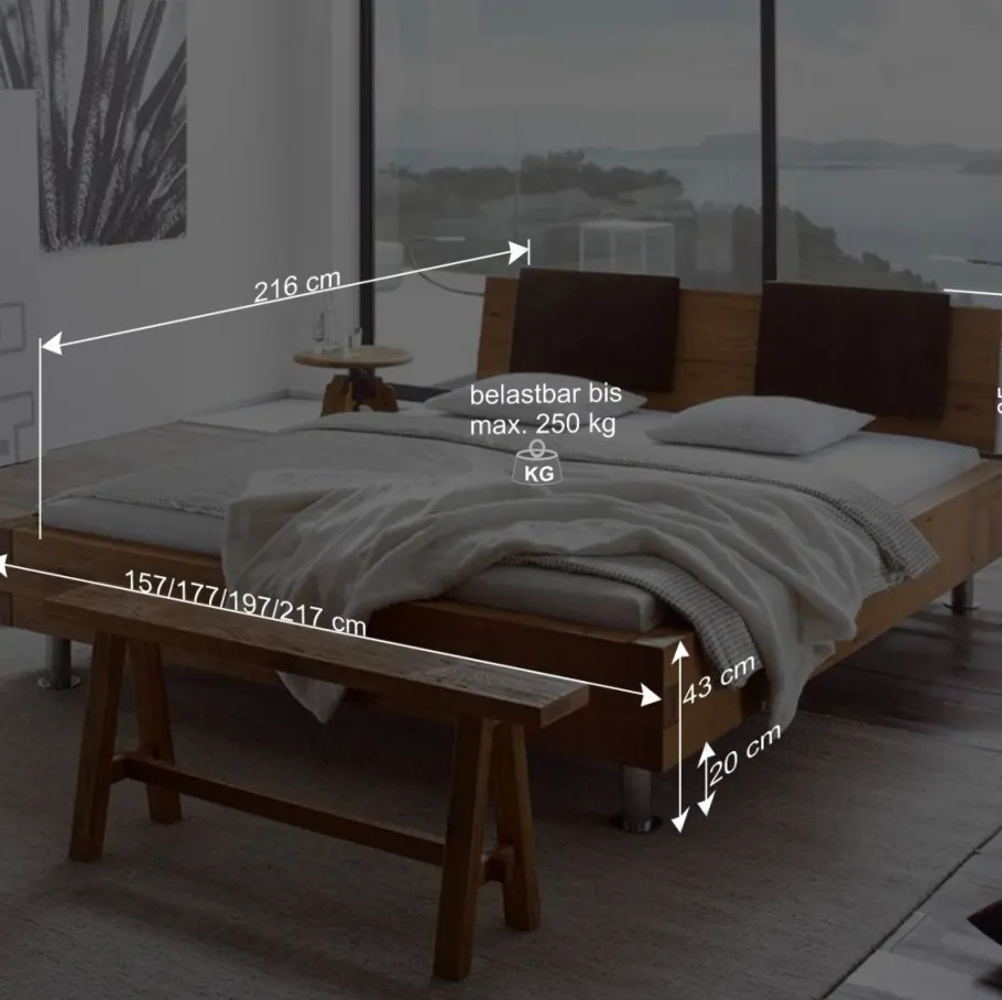New Wohnen Doppelbett in Balkenoptik Chicola aus Wildeiche Massivholz