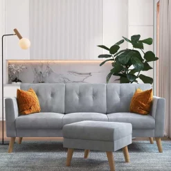 Best Wohnen Dreisitzer Couch und Hocker in Hellgrau - Grema (zweiteilig)