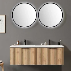 Discount Wohnen 2er Waschtisch & Lichtspiegel rund - Crystoga (dreiteilig)