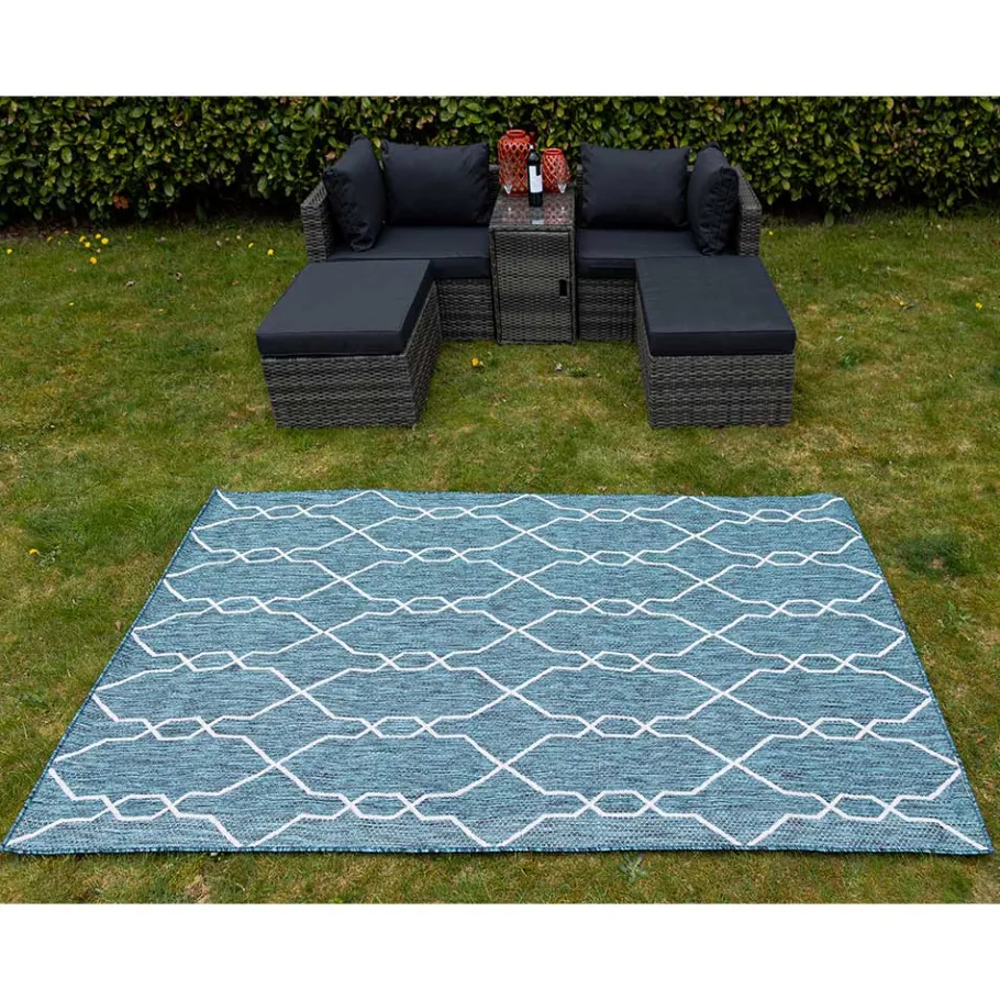 Best Wohnen Garten Teppich in Petrol Blau & Creme - Trojar