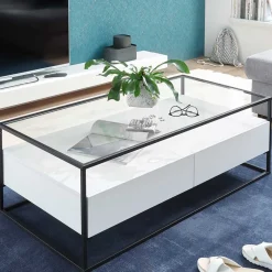 Discount Wohnen Glas-Sofatisch mit zwei Schubladen und Ablage - Nastoria