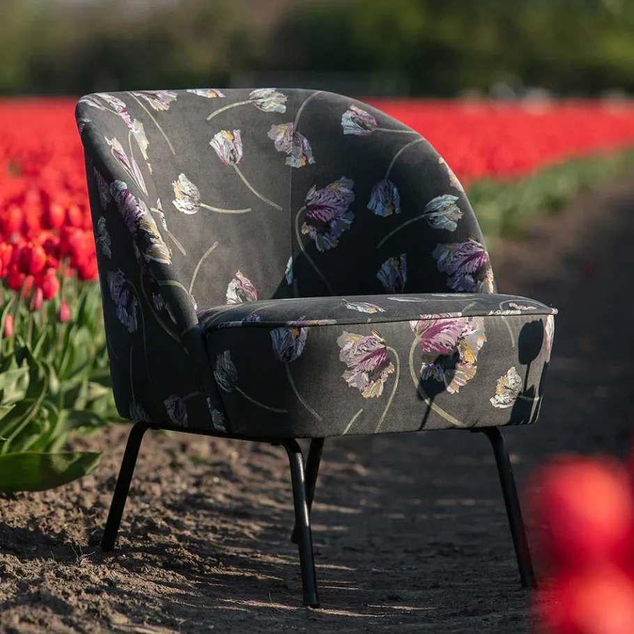 Best Wohnen Grauer Samt Sessel mit Tulpen Lila - Kiyoshi