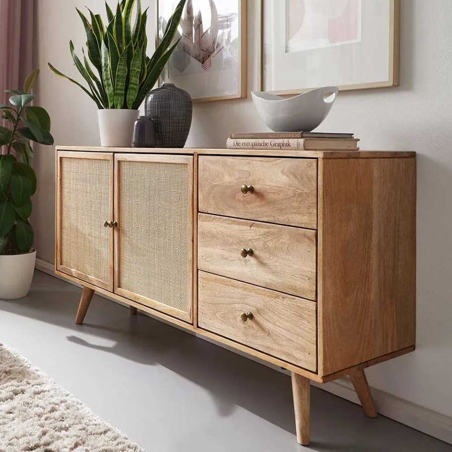 Hot Wohnen Große Kombi-Kommode aus Mangoholz & Rattan - Kanados