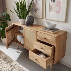 Hot Wohnen Große Kombi-Kommode aus Mangoholz & Rattan - Kanados