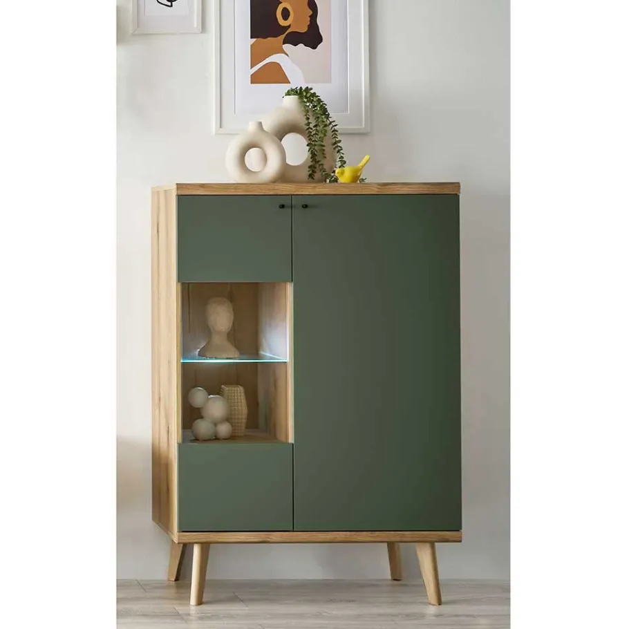 Outlet Wohnen Highboard in Graugrün und Wildeiche - Oliva