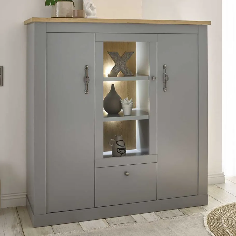Online Wohnen Highboard mit Glaseinsatz mit Metallgriffen - Buleta