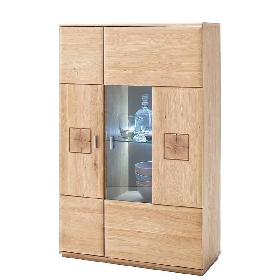 Discount Wohnen Highboard 2-türig mit Glas-Einsatz Pontros in Eiche Bianco teilmassiv