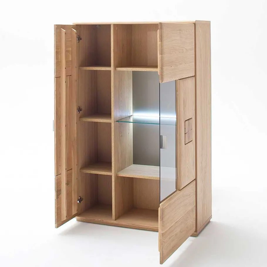 Discount Wohnen Highboard 2-türig mit Glas-Einsatz Pontros in Eiche Bianco teilmassiv