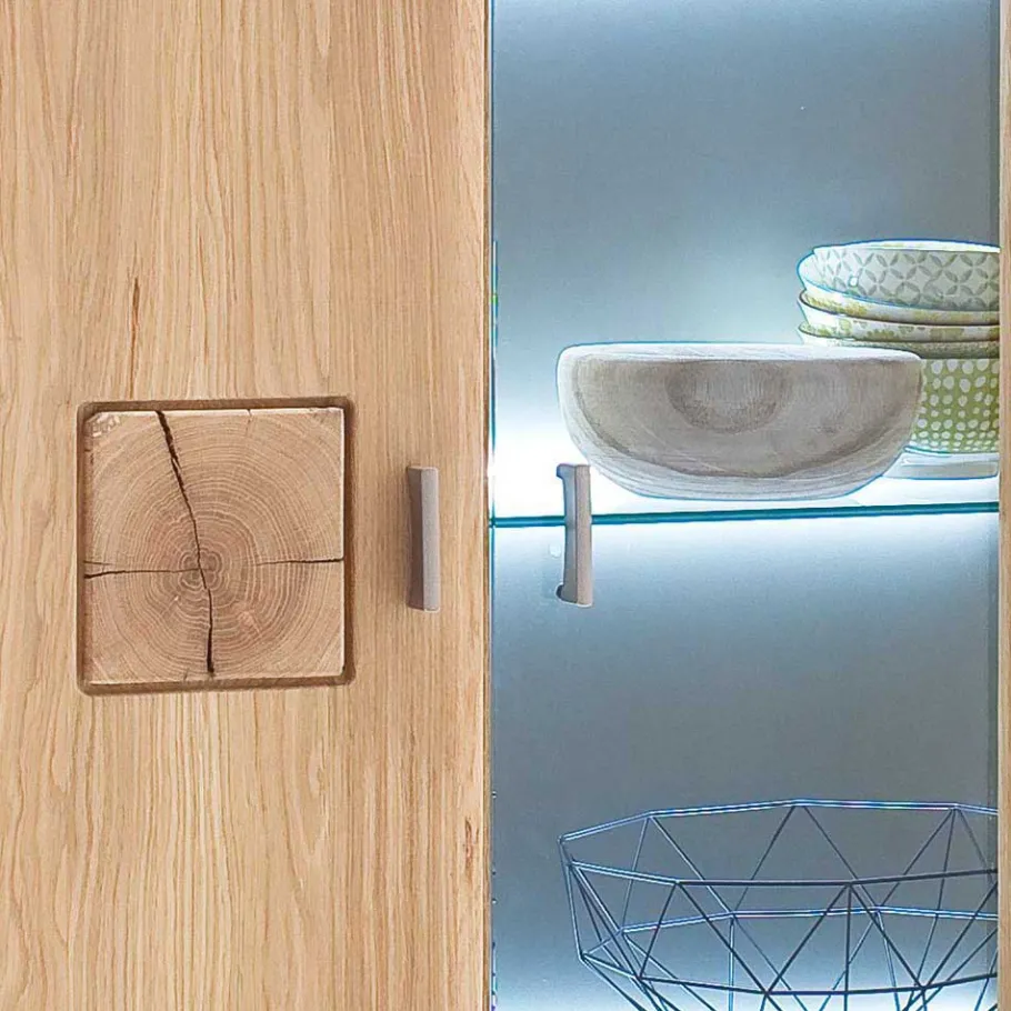 Discount Wohnen Highboard 2-türig mit Glas-Einsatz Pontros in Eiche Bianco teilmassiv