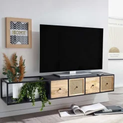 Hot Wohnen Hängendes TV Board aus Holz & Wiener Geflecht - Leiria