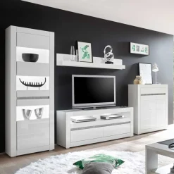 Online Wohnen Hochglanz TV Anbauwand in Weiß Mextra mit Beton Dekor (vierteilig)