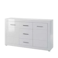 Clearance Wohnen Hochglanz Wohnwand in Weiß Yulis mit Metallgriffen Chrom (vierteilig)