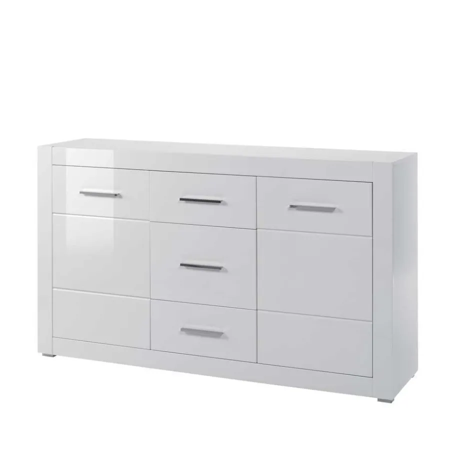 Clearance Wohnen Hochglanz Wohnwand in Weiß Yulis mit Metallgriffen Chrom (vierteilig)