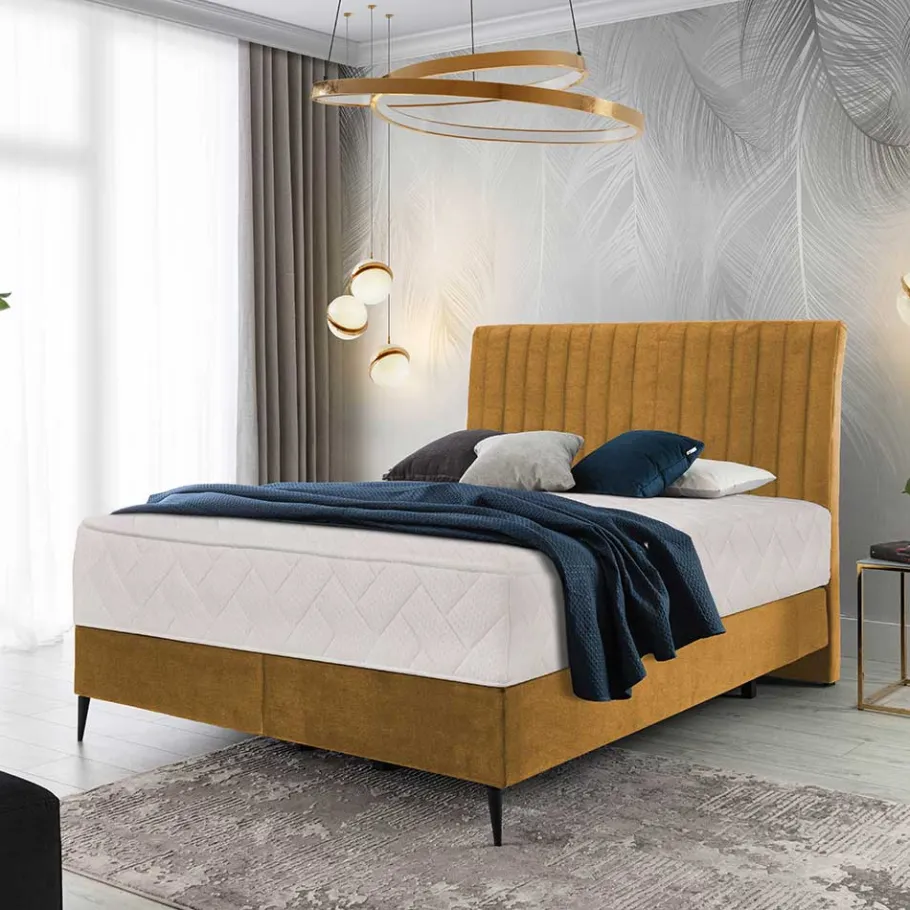 Best Wohnen Hohes Boxspringbett in Senfgelb Velours - Ejulia